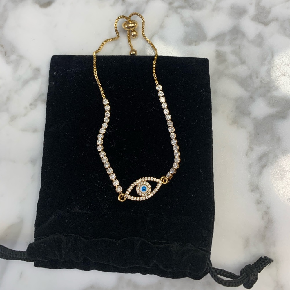 Cubic Evil Eye Adjustable Bolo Bracelet gold plated